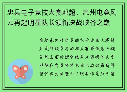 忠县电子竞技大赛邓超、忠州电竞风云再起明星队长领衔决战峡谷之巅